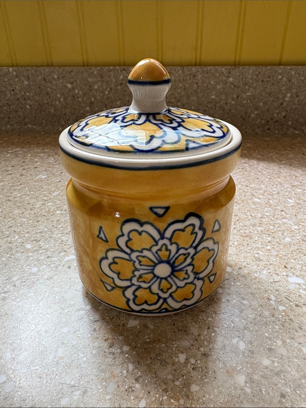 Pier 1 Imports Toscana Yellow/Blue Hand Painted Ceramic Spice Jar w/Sealing Lid